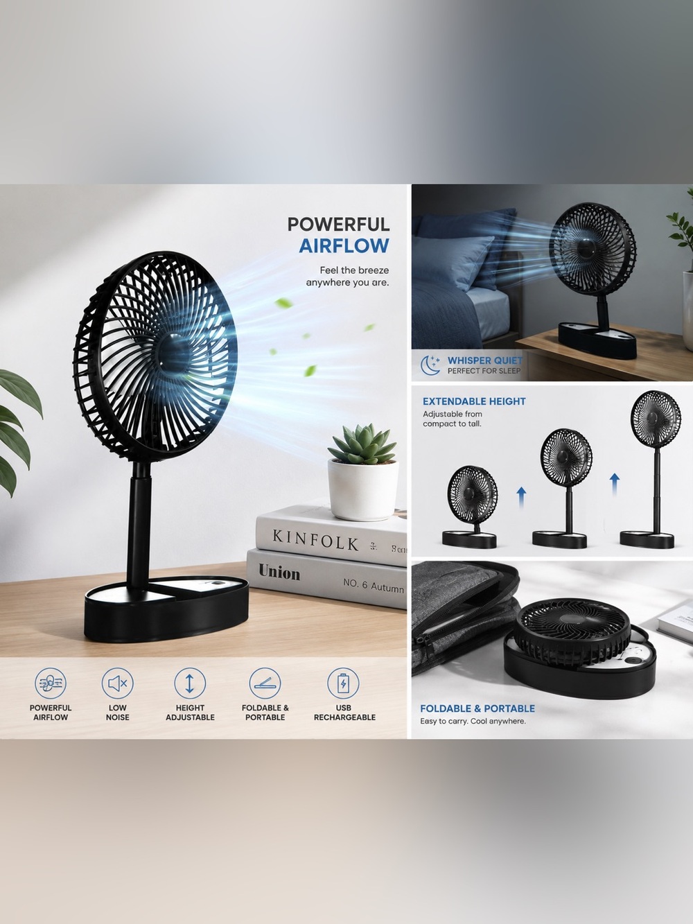 Black Portable Desk Fan with Adjustable and Foldable Base - Picture 2 of 3
